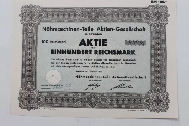 29397 Share 100 Reichsmark Sewing Pieces Ag Dresden 1941