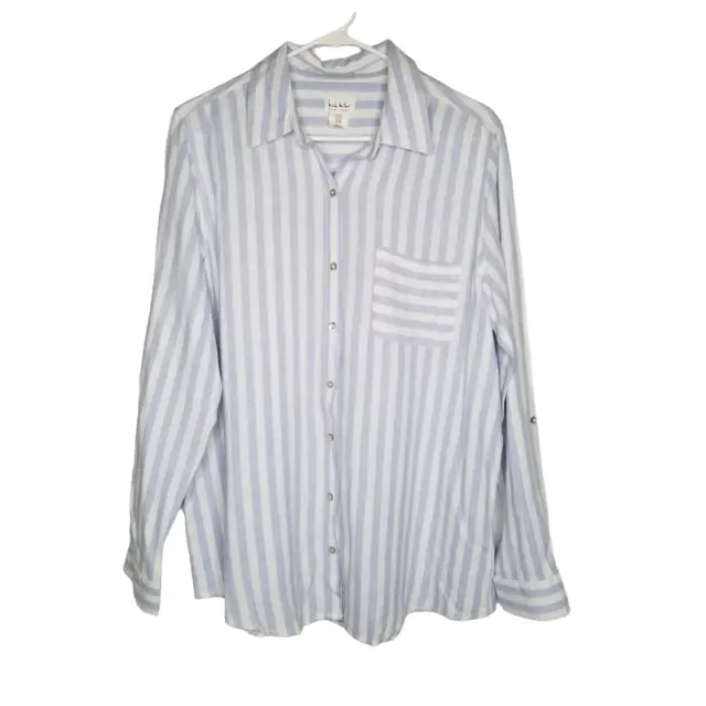 Nicole Miller Shirt Women Medium Blue Stripe Linen Rayon Button Up Blouse