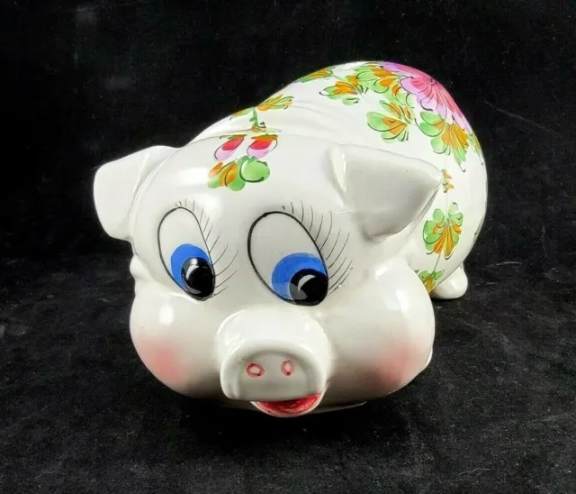 Italy Pottery Ceramic Piggy Bank Floral Hand Painted Pig Figurine