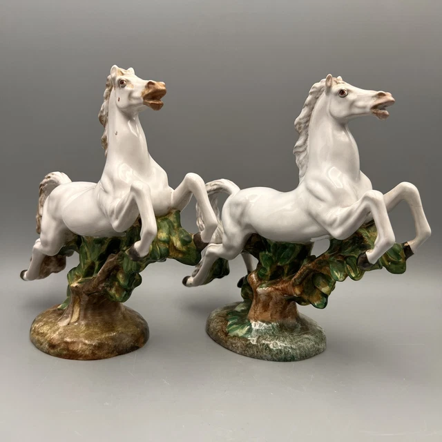 VINTAGE PAIR ITALIAN Porcelain Horse Figurines Gallop Surmounting