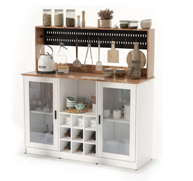 Coffee Bar Cabinet Microwave Storage Stand w/Wine Rack Kitchen Bakers Racks Hot