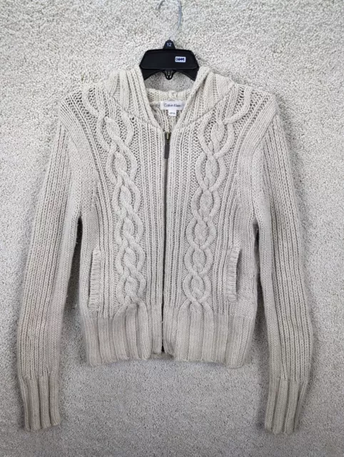 Calvin Klein Sweater Womens Medium Beige Tan Full Zip Hooded Cable Knit Wool LS