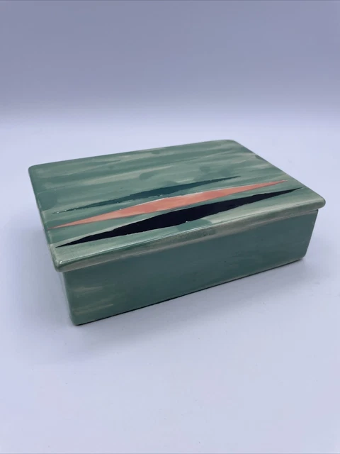 VTG  Studio Art Slab Pottery Box Mid Century Atomic Turquoise B De Valois 1957