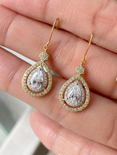 2.70 CT Pear Cut VVS Moissanite Halo Drop Dangle Earrings 14K Yellow Gold Plated