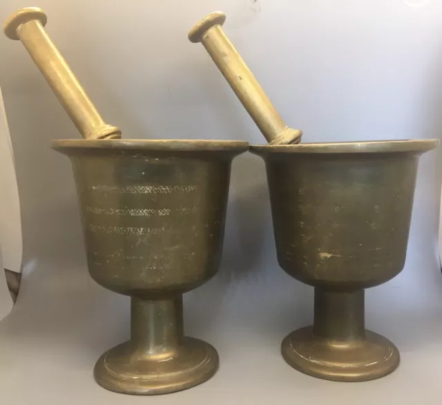 Vintage Solid Brass Mortar and Pestle Pair Set Medicine Herb Apothecary Pharmacy 2