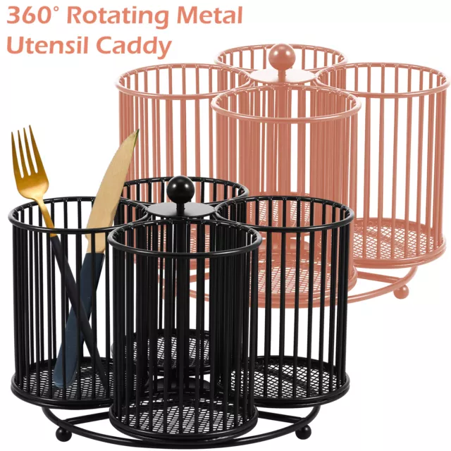 Metal Utensil Caddy 360° Rotating Cutlery Holder 4 Compartment Flatware Basket︿