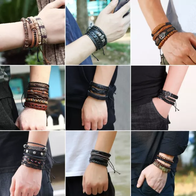 Mens Real Leather Bracelet Braided Wristband Bangle Punk Beaded Surfer Wrap Set