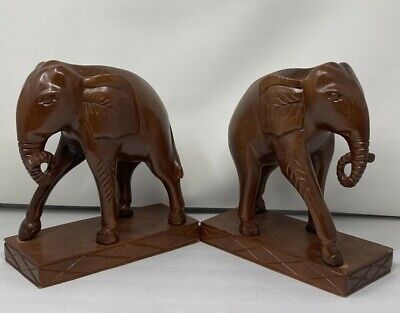 Elephant Hand Carved Hard Wood MCM Detailed Statue Sculpture Figurine Pair 10"