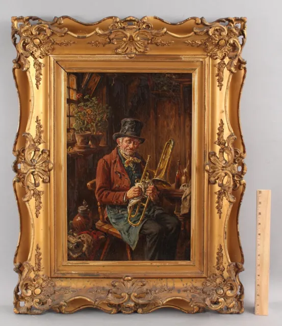 Antique Signed Portrait Painting 19thC Genre Oil Trombone Player Musician Man