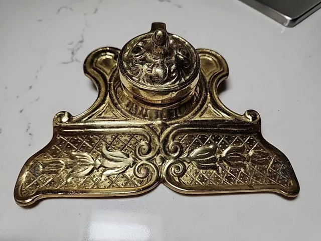 Antique Brass Ornate Inkwell with Pen Rest made in Japan No Glass Ink Vinatge