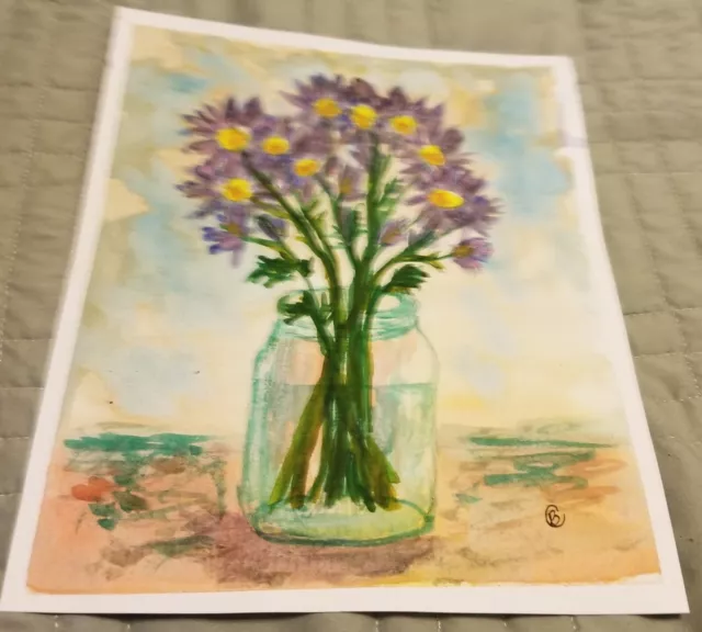 Amature folk art painting on canvas board Flowers In A Ball Jar 16