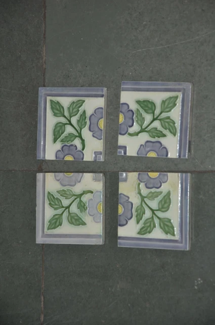 4 Pc Vintage Small D.K Mark Flower Design Ceramic Tiles,Japan