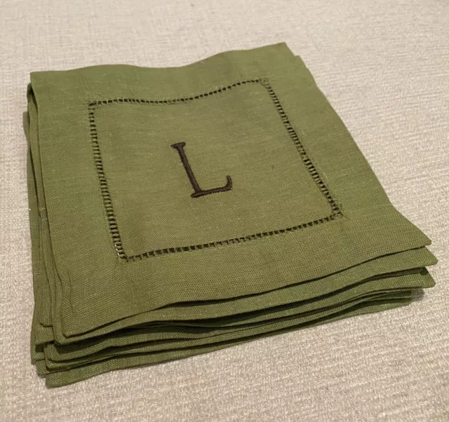 New - Set Of 12 - Olive Hem Stitched L Monogram Linen Cotton Cocktail Napkins 6”