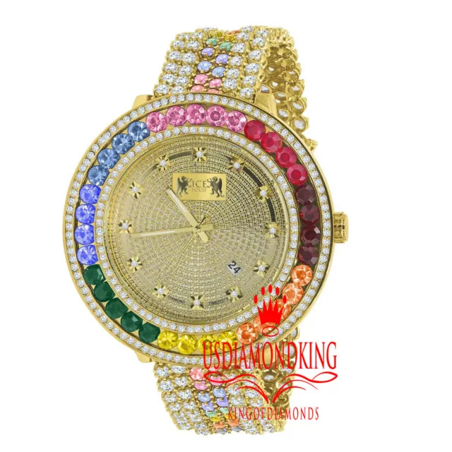 Real Genuine Diamond Mens Custom Watch Rainbow Multi Tone 18K Yellow Gold Finish