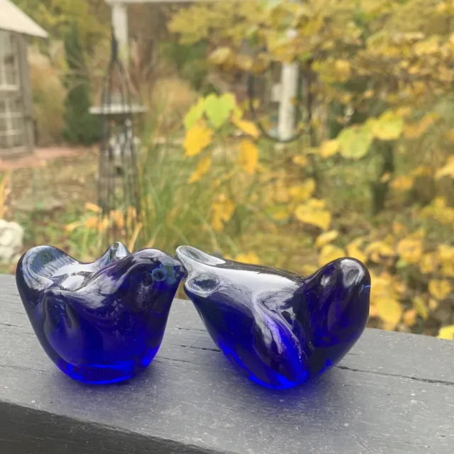 Vintage Cobalt Blue Resting Birds Hand Blown Art Glass Paperweight Set Of 2