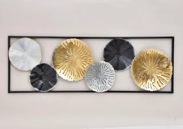 WURM Wandbild 3D Ringe und Kreise aus Metall Schwarz/Gold/Silber 32x92x3 cm