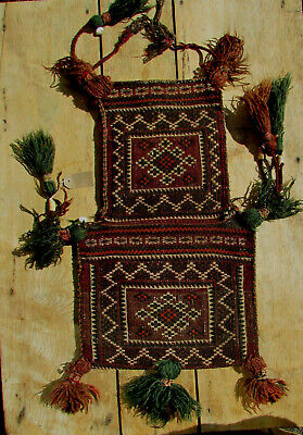 Antique Middle Eastern tribal QASHQAI CARPET SALT BAG tassels wool (listing 4)