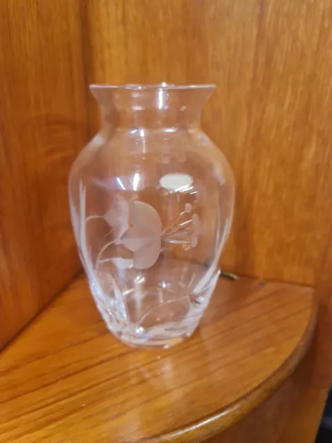 Royal Doulton Small Hand Cut Lead Crystal Etched Floral Glass Flower Vase