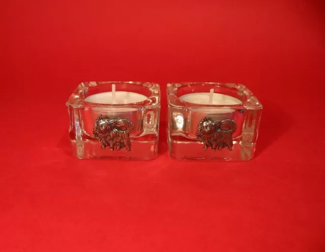 Long Haired Chihuahua Motif on A Pair Of Square Glass Tea Light Candle Holders