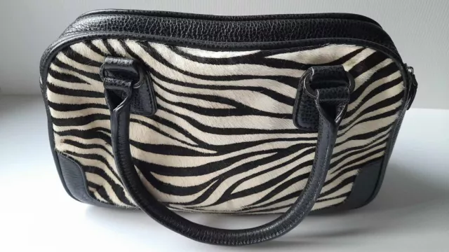 Italian Handbag Zebra Stripe Black Leather Cowhide Animal Hair Brown Off White