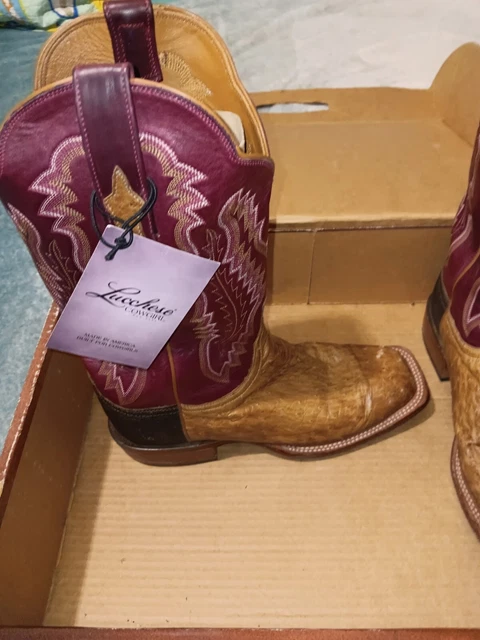 Pre~owned Lucchese Women’s 9B Western Cowgirl Tan Burn Pony/Wine Burn Ranch.