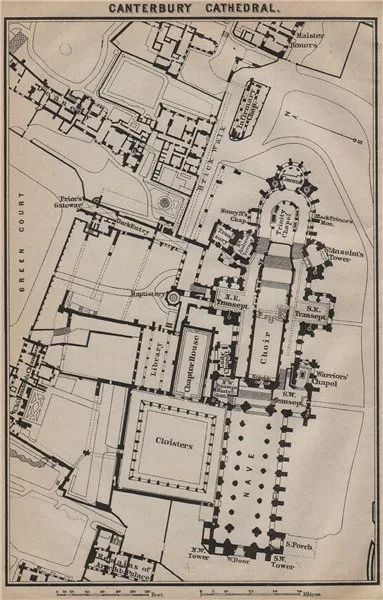 CANTERBURY CATHEDRAL ground plan. Kent. BAEDEKER 1910 old antique map chart