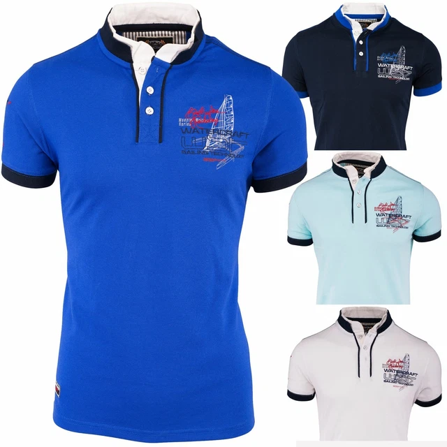 Uomo Camicia di polo manica corta T-shirt ricamata tratto Sportivo blu bianco