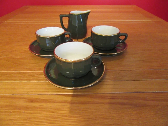 3 x Apilco Bistro Green  & Gold Medium Cups & Saucers &milk jug