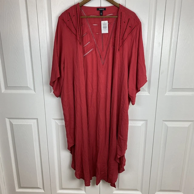 Torrid Size 2X Kimono Blouse Topper Red Crinkle Gauze Duster Long Rayon Cardigan