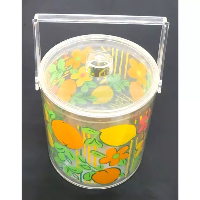 Groovy Retro Lucite Ice Bucket with Mod Flowers and Fruit 9"x8"