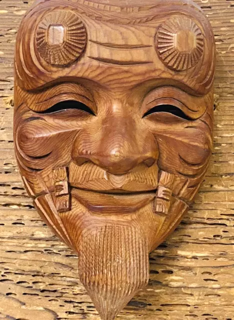 Japanese Wood Carving Noh Mask Happy Old Man OKINA SIGNED VTG Kabuki Wall Art