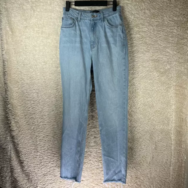 Asos Womens Straight Leg Jeans Blue Frayed Hem Medium Wash Pockets Denim 26/32