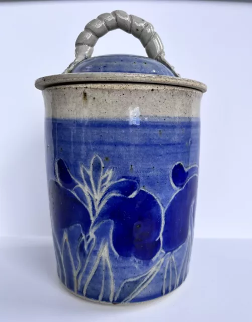 Studio Pottery Salt Glaze Stoneware Canister Cookie Jar Crock W/Lid Blue Floral