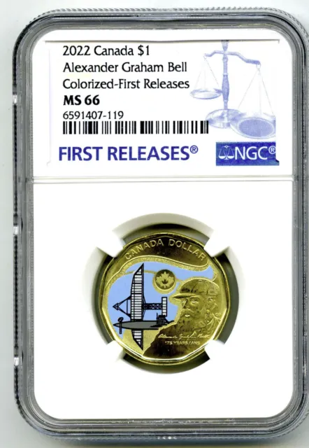 2022 $1 Canada Ngc Ms66 Alexander G Bell Loon Loonie Color Dollar First Releases