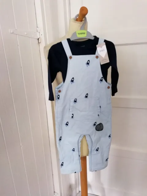 Baby Boys M&S Rocket Dungarees & Top Outfit Age 12-18 Months NWT
