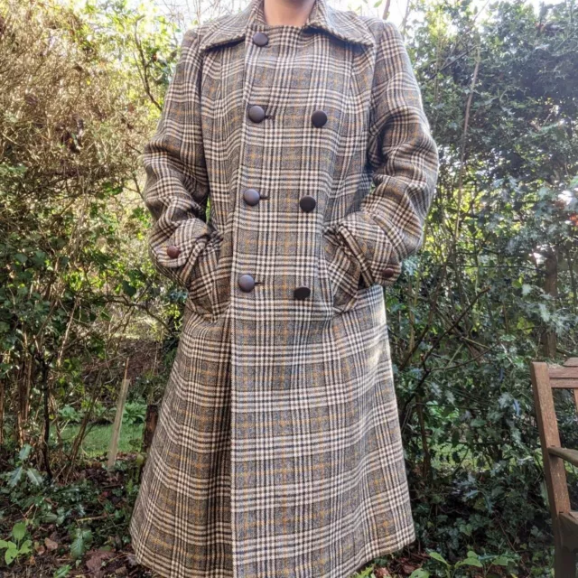 Vintage 1970s Grey And Yellow Plaid Wool Double Breasted Coat By Riddella