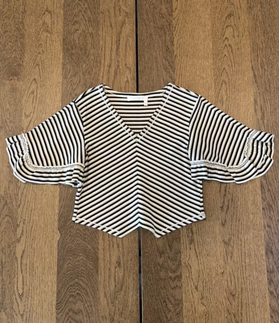 See By Chloe Striped Ruffle Bell Sleeve Crop Top Women’s Size M Cream/Black/Tan