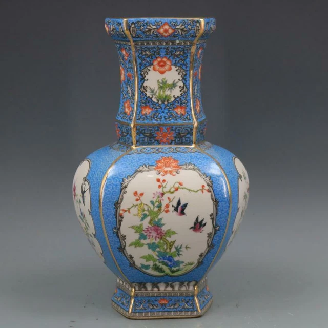 Chinese Blue Enamel Porcelain Qing Qianlong Flowers Birds Design Vase 12.8 inch
