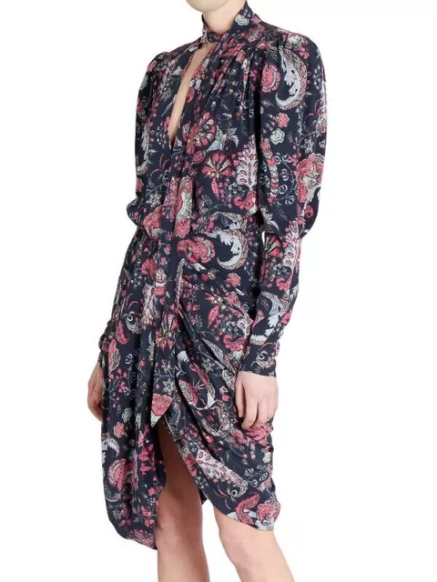 NWT $1,550 ISABEL MARANT Batoa ruched floral silk crepe de chine Dress 42 10 2