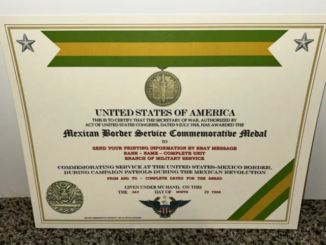 Mexican Border Service (Army) Commemorative Medal Certificate ~W/Printing Type-1