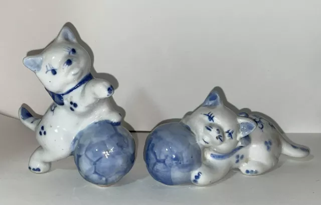 Two Ceramic Kitty Cats Blue White Playing With Ball Figurine Approx 3.5”