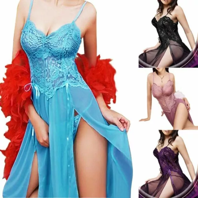 Womens Sexy Lingerie Sheer Lace Babydoll Sleepwear Nightgown Long Dress G-String