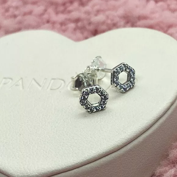 Genuine Pandora Silver Sparkling Honeycomb Hexagon Stud CZ Earrings 298800C01