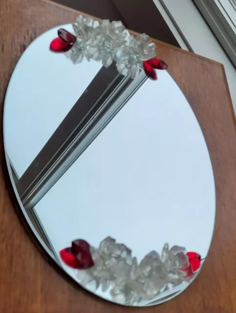 Vintage Oval Dresser Vanity Mirror Perfumes Tray With Floral Red & Roses MCM