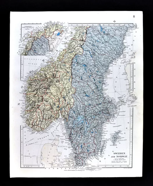 1885 Stanford Map Sweden Norway Stockholm Christiansand Goteborg Umea Antique