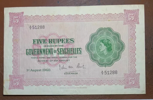 SEYCHELLES 5 rupees 1-8-1960 P11b VF+ Queen Elizabeth II