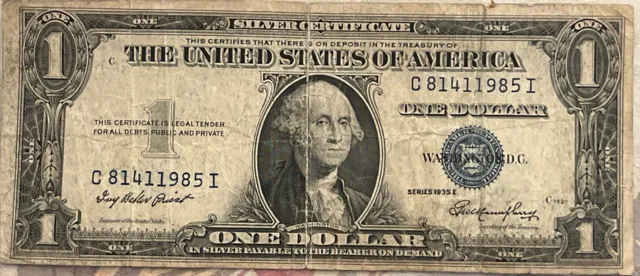1935 Series E One Dollar Blue Seal Note Silver Certificate Old US Bill $1 Money 2