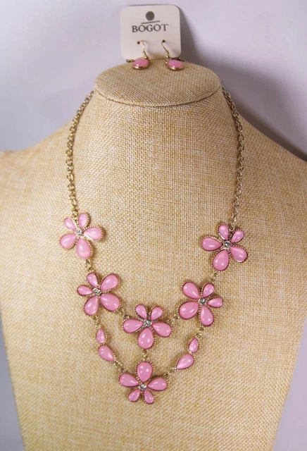 Pink Floral Rhinestone Necklace & Earring Set Fashion Costume Jewelry jx94 New