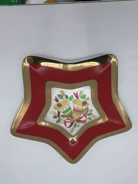 VTG  Christmas Chokin Star Plate w/ Bell Design 6” ~ 24 K Gold Trim Original Box