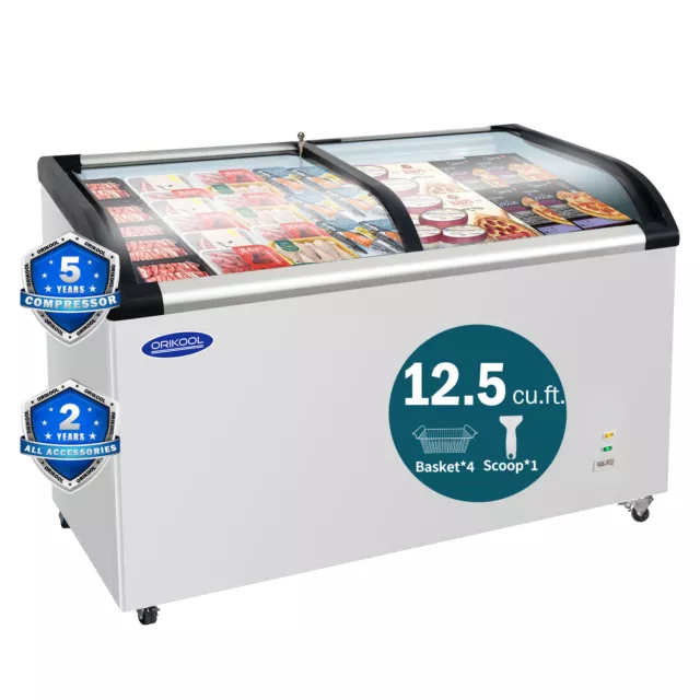 50'' Curved Glass Top Display Chest Freezer Commercial Ice Cream 12.5 cu.ft